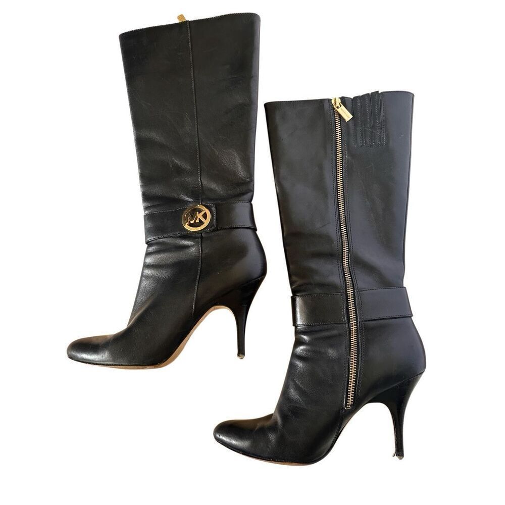 Michael Kors Caroline Black Leather with Gold Hardware Woman Boots Sz 8